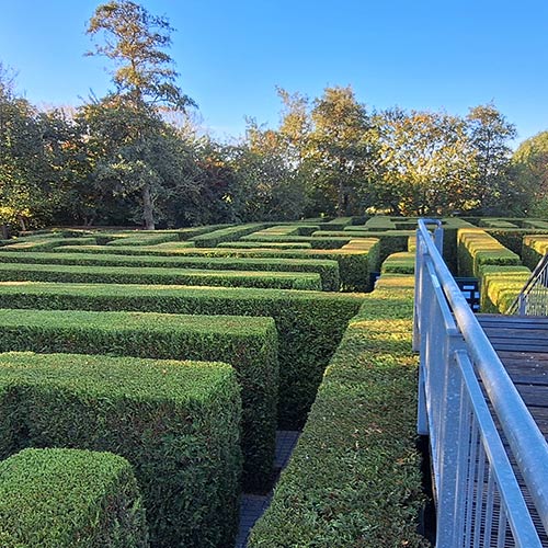 Irrgarten Norddeich mit grünen Hecken, gepflasterten Wegen, Zäunen und Personen.