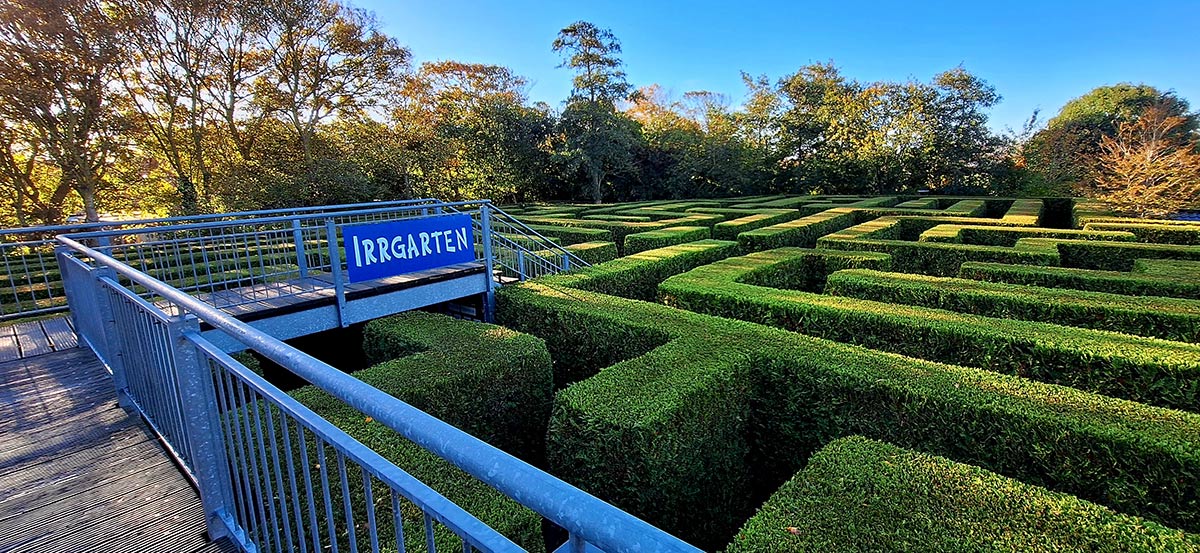 Personen die Rätsel im Irrgarten lösen mit grünen Hecken und gepflasterten Wegen.