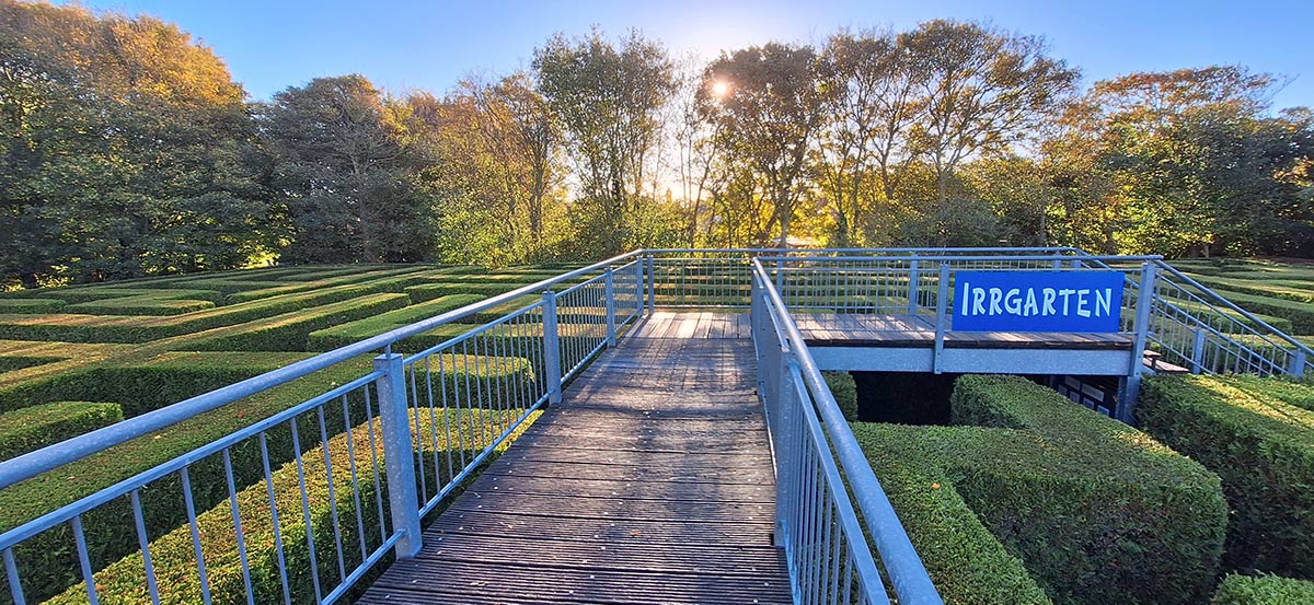 Grüne Hecken im Irrgarten mit Brücke aus Holz und Metall mit Personen drauf und die Sonne scheint.